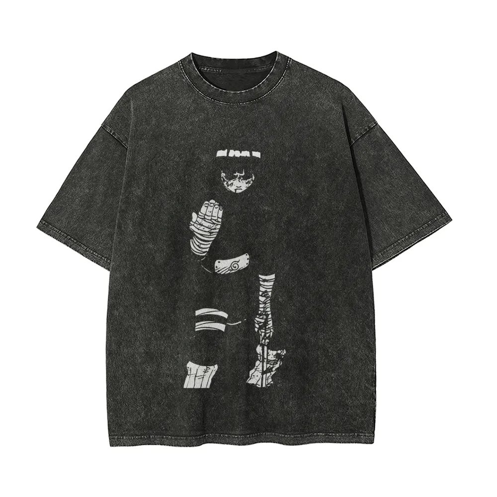 Acid Wash Vintage Graphic T Shirt - تي شيرت ناروتو روك لي بتصميم