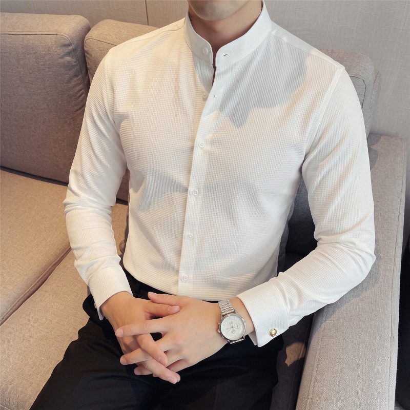 Mandarin Collar Formal Shirt Slim Fit - قميص رجالي بأكمام طويلة وياقة ماندارين،