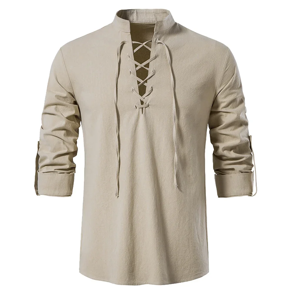 Medieval Gothic Lace Up Pirate Shirt - خمر تأثيري القرون الوسطى رجل القراصنة