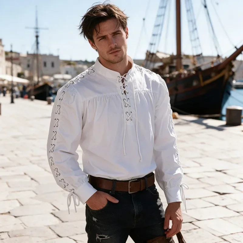 Medieval Gothic Lace Up Pirate Shirt - قميص قراصنة من العصور الوسطى للرجال