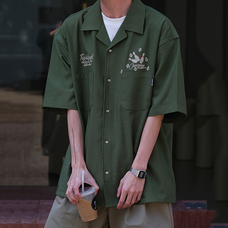 Short Sleeve Bowling Shirt Retro - البولينج التطريز الأخضر الأدوات الرجعية الكوبي