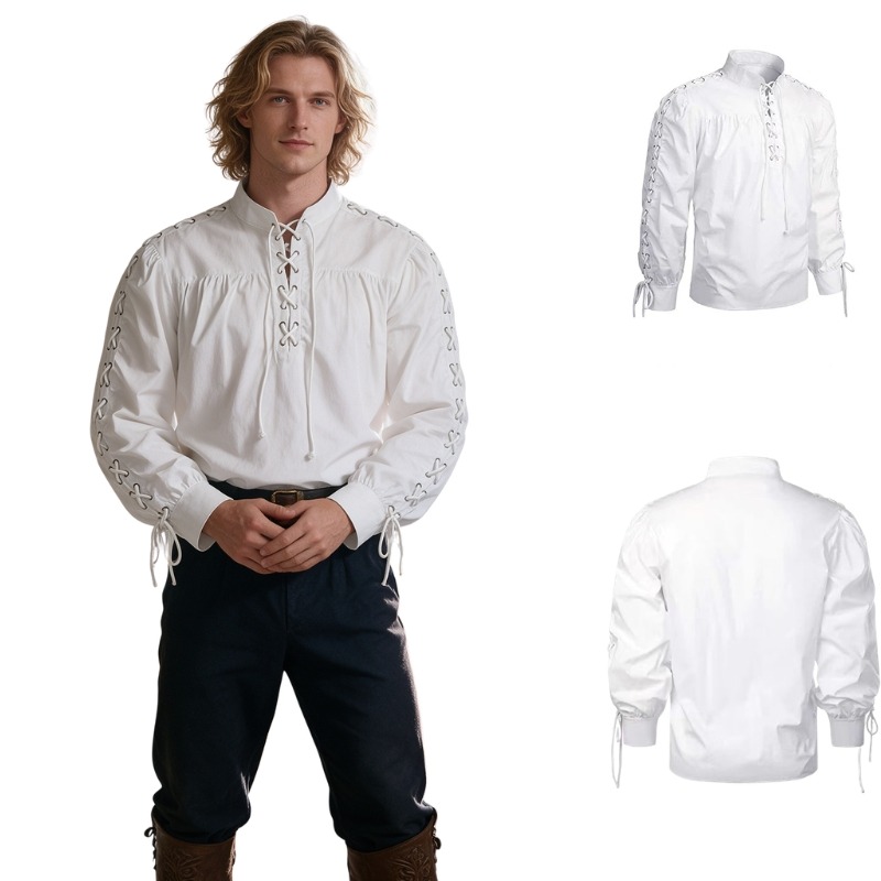 Medieval Gothic Lace Up Pirate Shirt - قميص رجالي كلاسيكي بأكمام طويلة وياقة