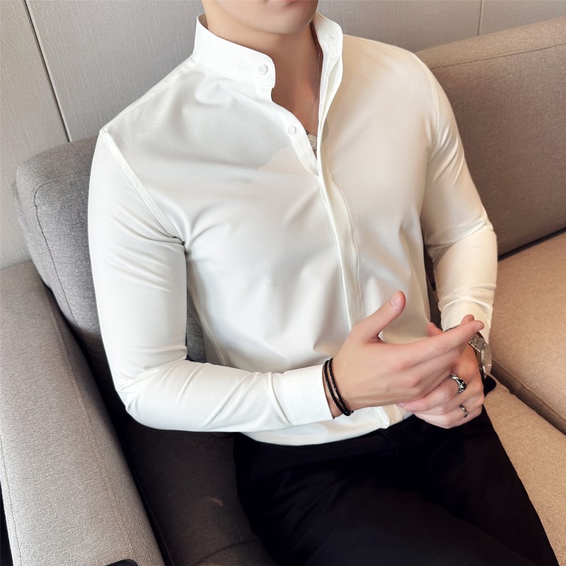 Mandarin Collar Formal Shirt Slim Fit - الرجال قمصان اللباس النمط البريطاني الوقوف