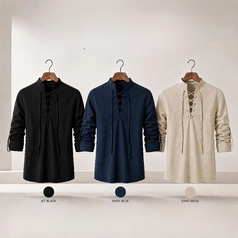 قميص رجالي بأكمام طويلة وياقة  - مراجعة Medieval Gothic Lace Up Pirate Shirt وسعره