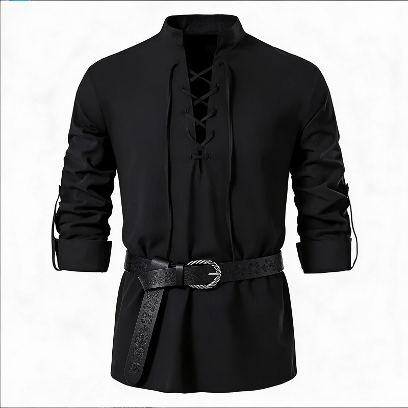 قميص رجالي بأكمام طويلة وياقة  - مراجعة Medieval Gothic Lace Up Pirate Shirt وسعره