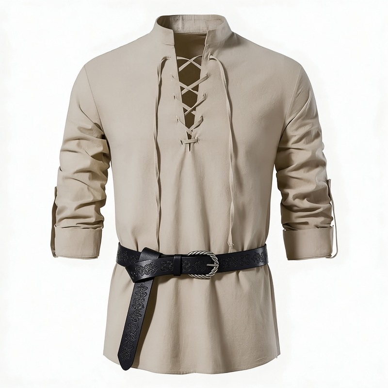 قميص رجالي بأكمام طويلة وياقة  - مراجعة Medieval Gothic Lace Up Pirate Shirt وسعره